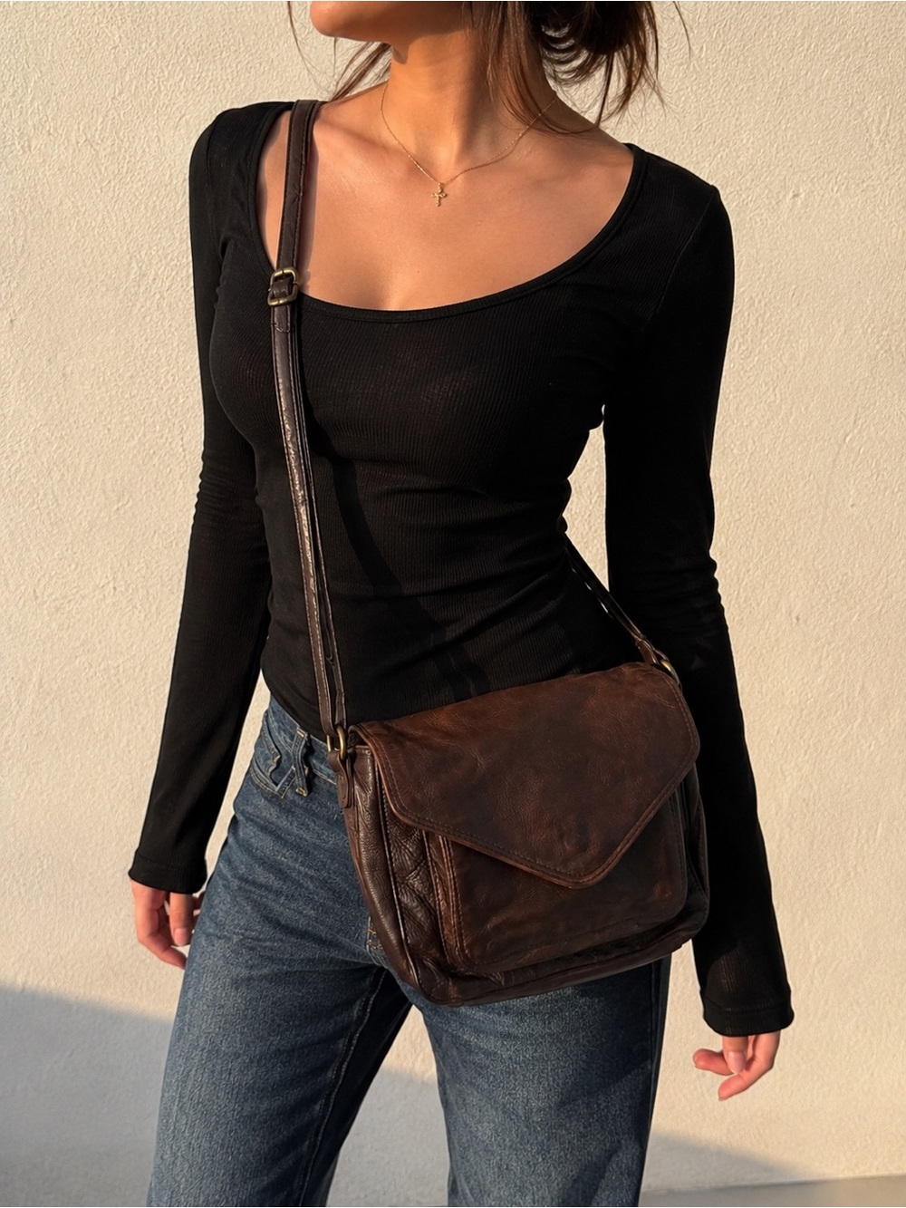 Vintage Brown Leather Crossbody Messenger Bag Slouchy Boho Shoulder Purse